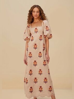 Farm Rio Rose Embroidered Macaw Maxi Dress in Beige Multi | M